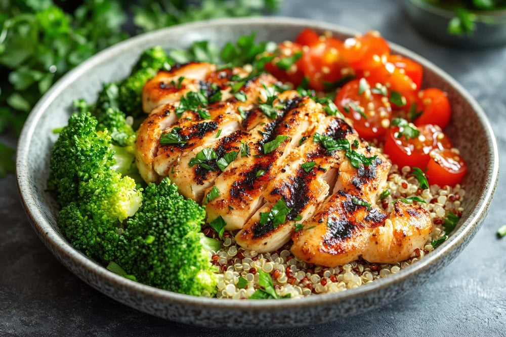 Chicken, Roasted Broccoli & Quinoa Salad with Basil Almond Pesto