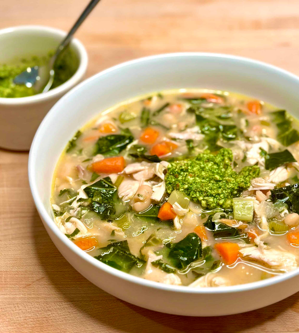 Chicken & White Bean Soup with Basil Almond Pesto