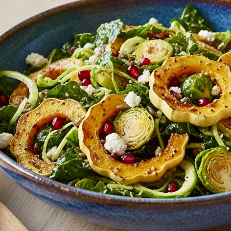 Roasted Delicata Squash, Kale and Brussels Sprout Salad with Maple Apple Cider Vinaigrette