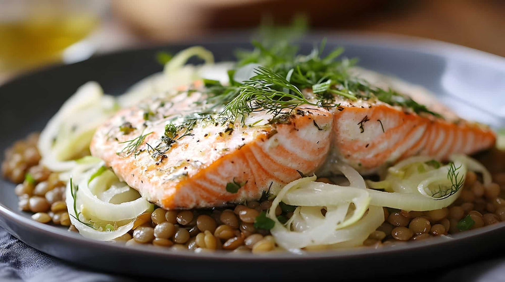 Roasted Salmon with Lentils and Marinated Fennel