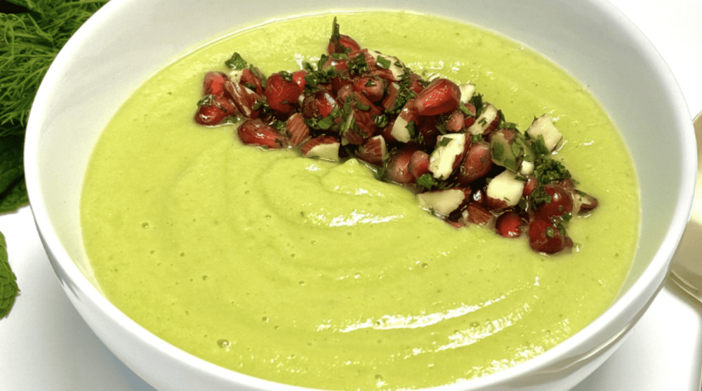 Chilled Cucumber Avocado Soup with Pomegranate Almond Garnish