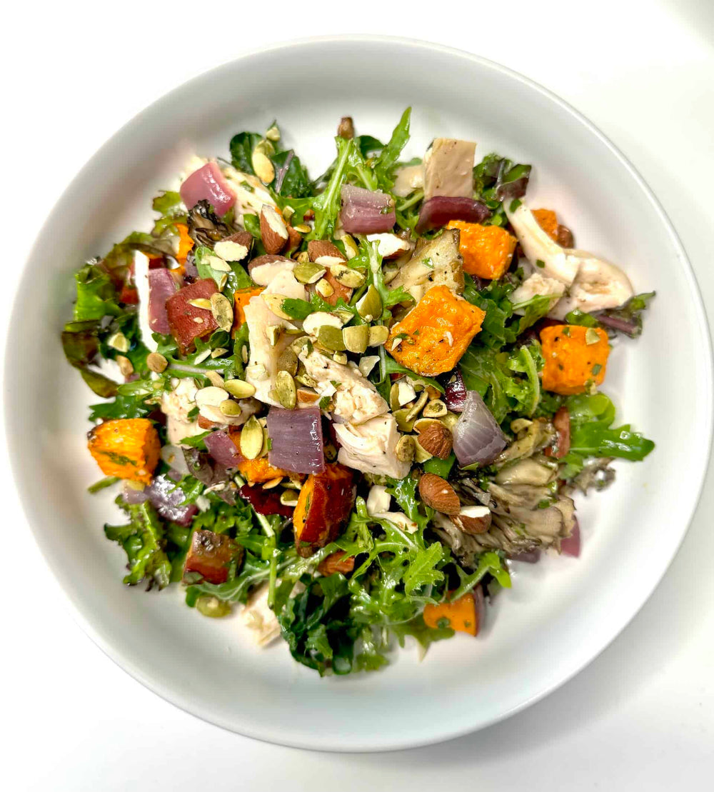 Sweet Potato, Chicken and Roasted Mushroom Bowl with Cider-Thyme Vinaigrette