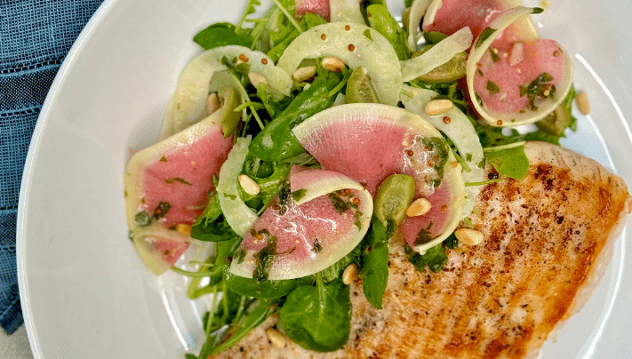 Grilled Chicken Paillard with Shaved Vegetable Salad and Basil Vinaigrette