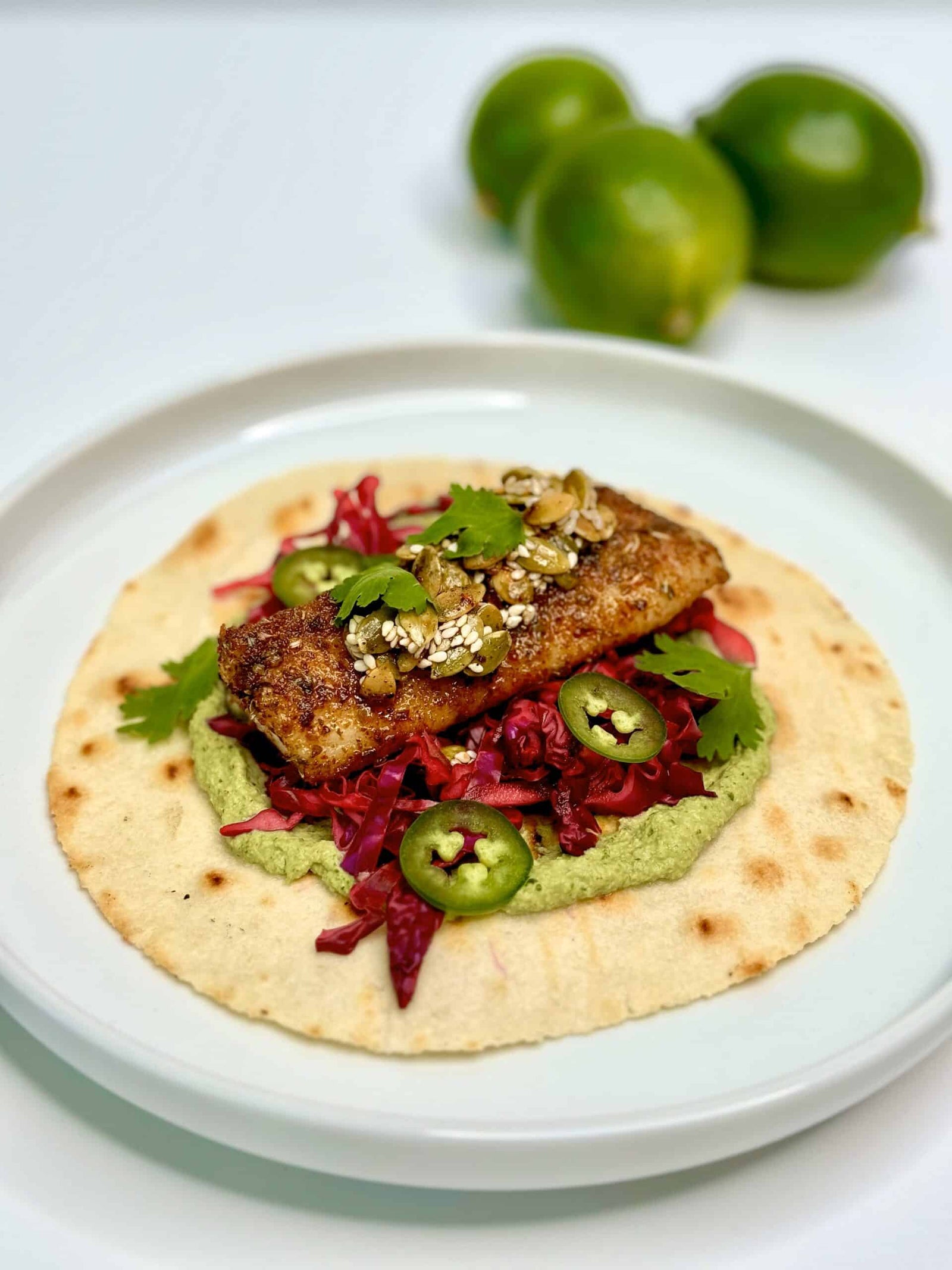 Fish Tacos with Cilantro Cashew Crema and Pumpkin Seed Crunch