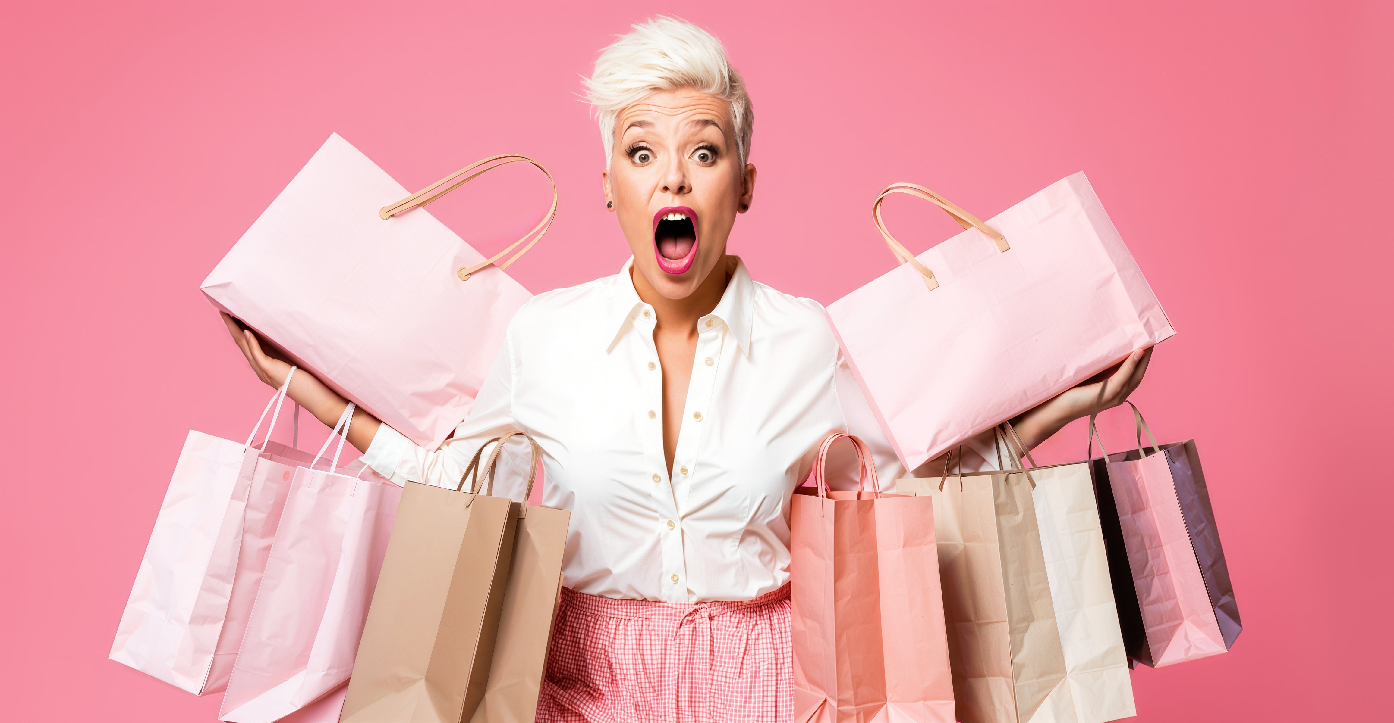 Woman with multiple shopping bags on a pink background