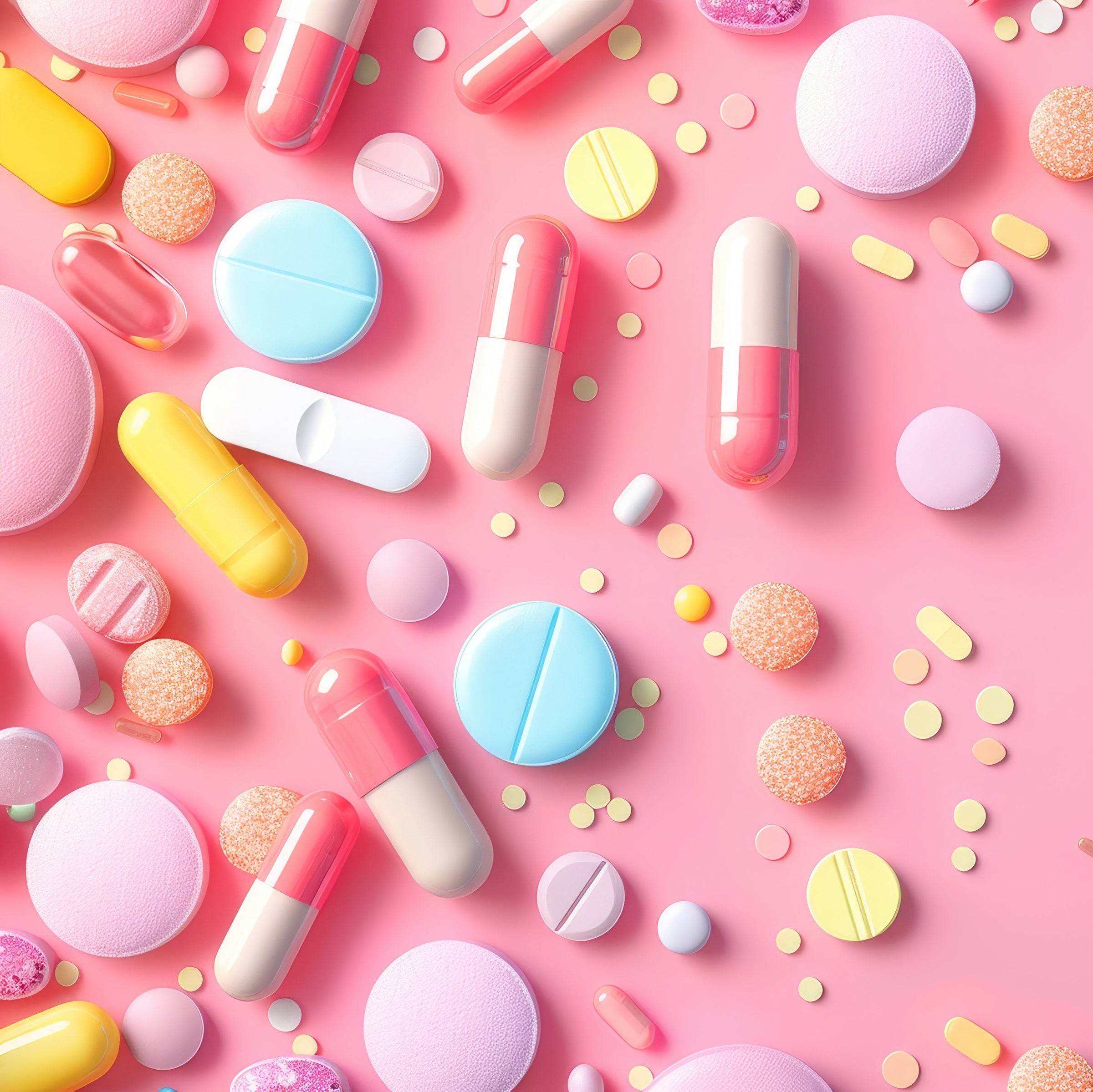 Colorful assortment of pills and capsules on a pink background