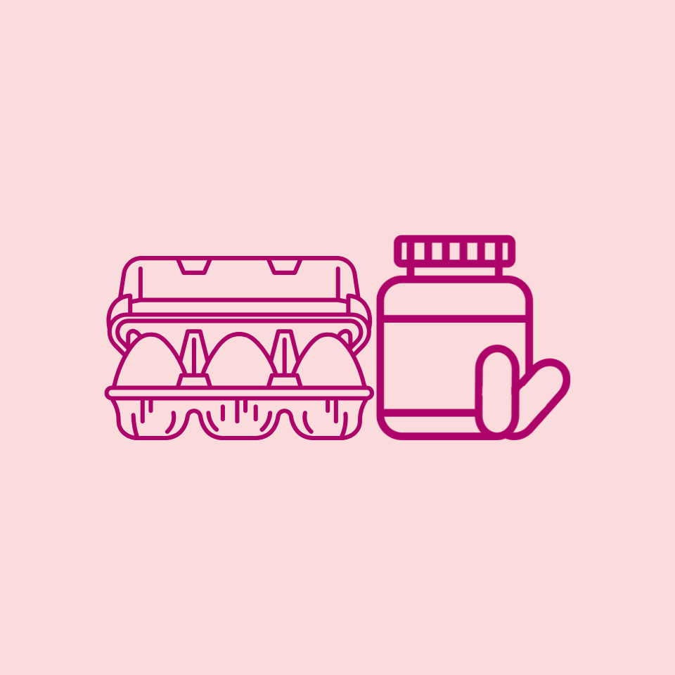 Illustration of eggs in a carton and a bottle on a pink background