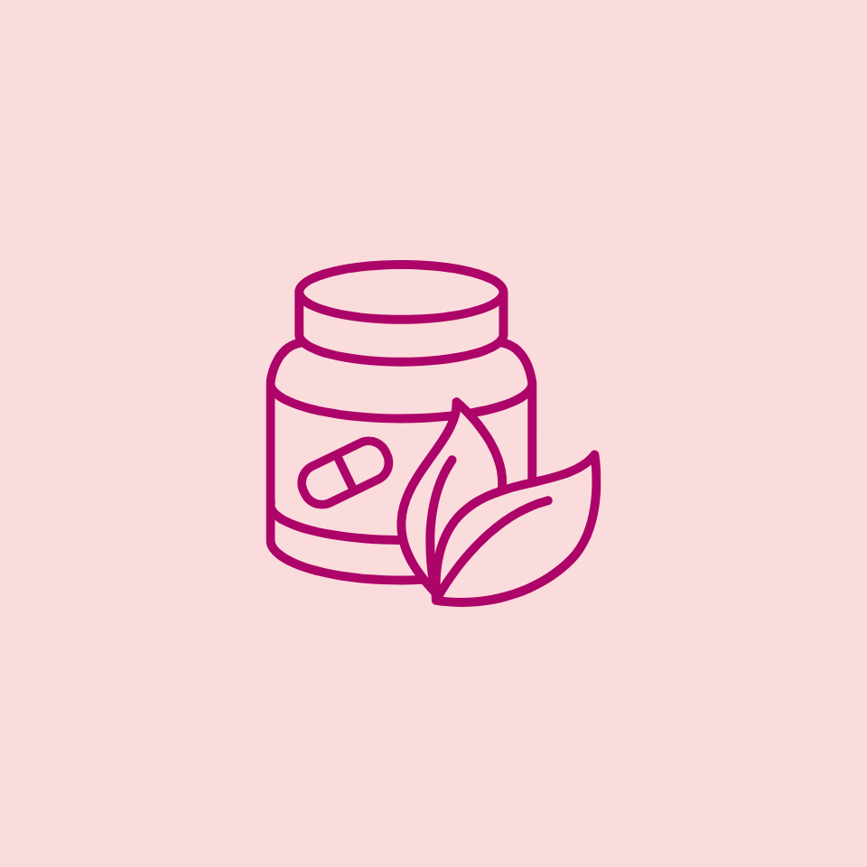 Icon of a jar with a pill and leaves on a pink background