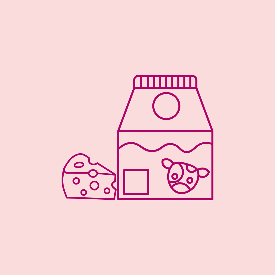 Icon of a milk carton and cheese on a pink background
