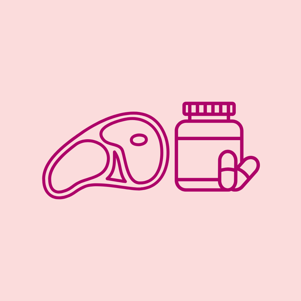 Illustration of a meat cut and a jar with pills on a pink background