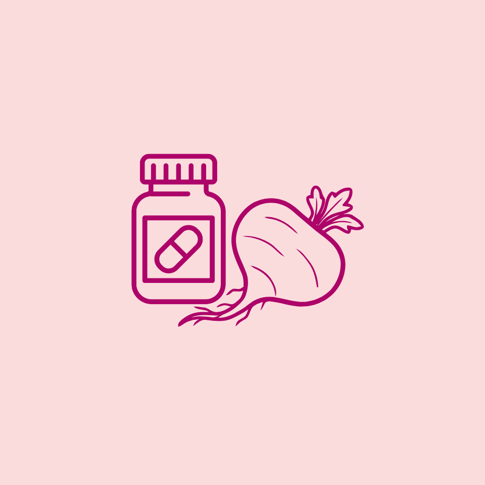 Illustration of a pill bottle and an maca root on a pink background