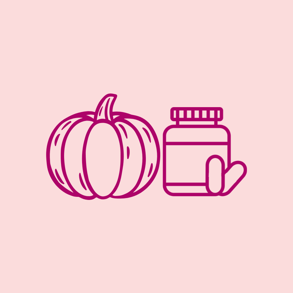 Pink icon of a pumpkin, jar, and capsules on a pink background