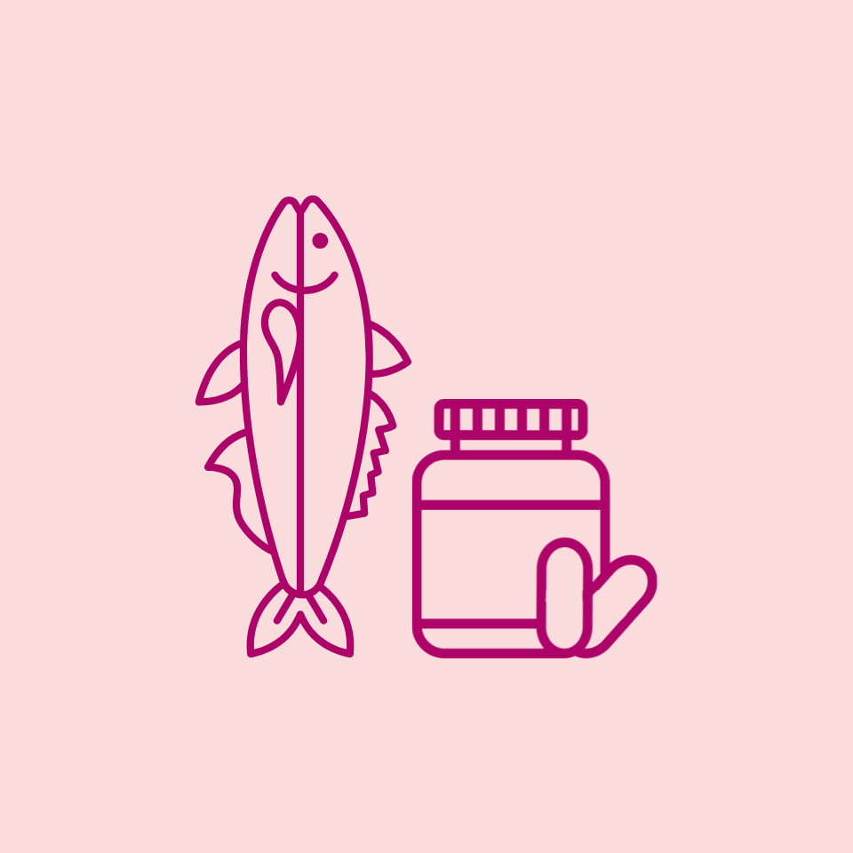 Illustration of a fish and a bottle on a pink background