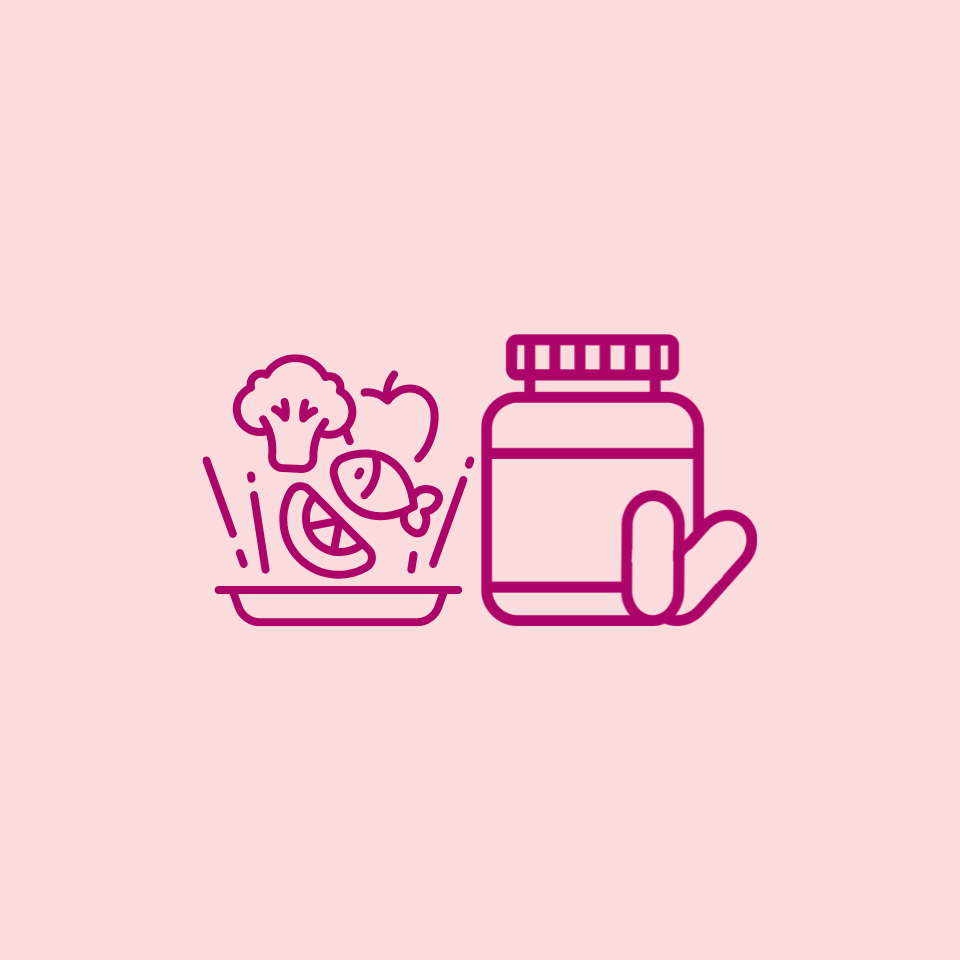 Icon of a plate with food, fish, and vegetables next to a bottle of supplements on a pink background.