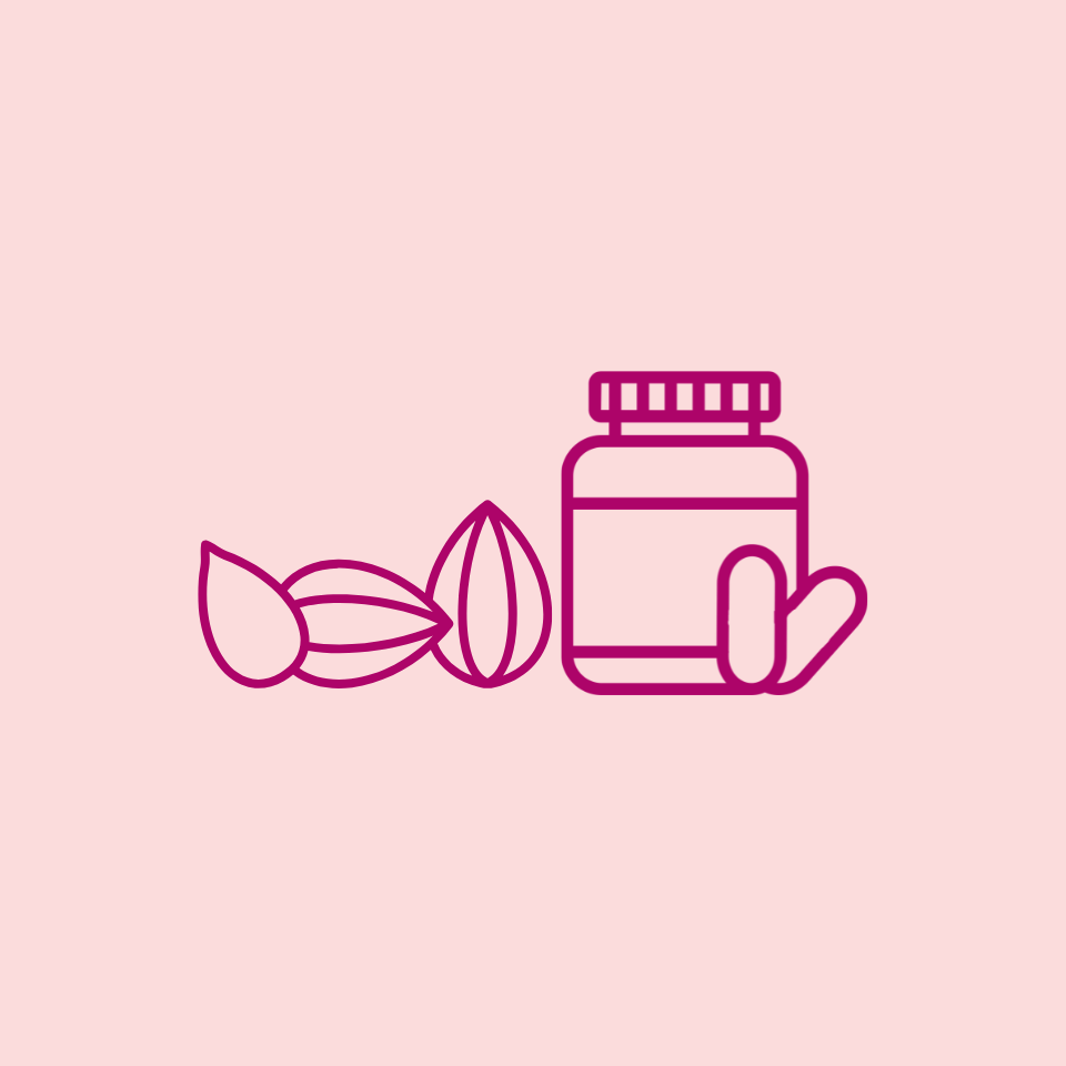 Icon of a bottle and pills on a pink background